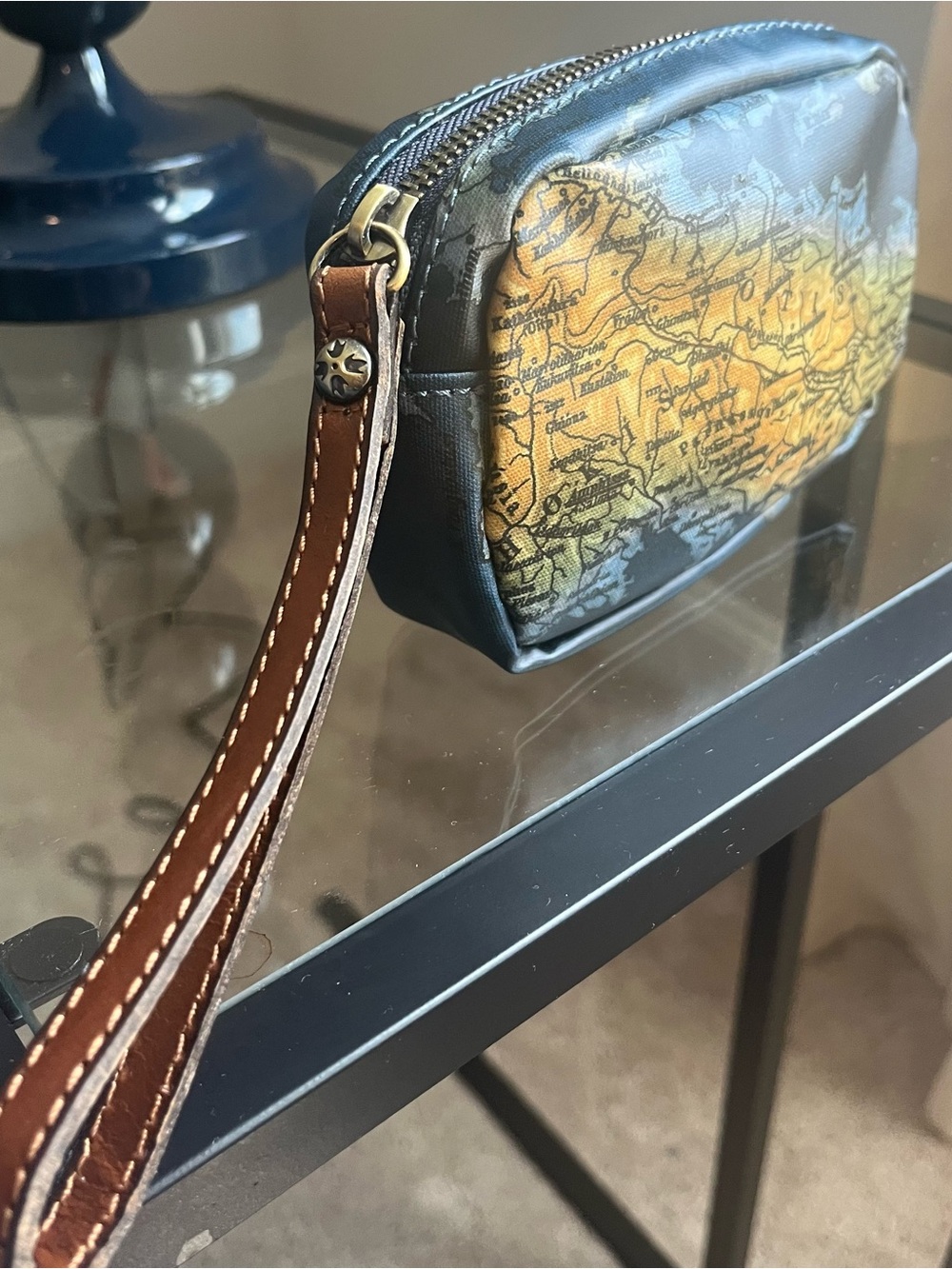 Patricia Nash Greek Isles Vacation Wristlet Map-Print in Blue and Brown - Picture 5 of 7